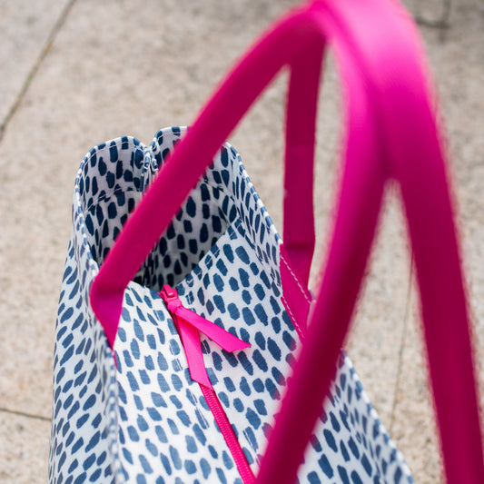 Navy Cobblestone Small Zip Tote Bag with Pink handles