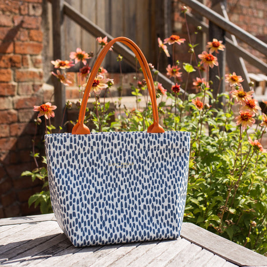 Navy Cobblestone Small Zip Tote Bag with Orange Handles