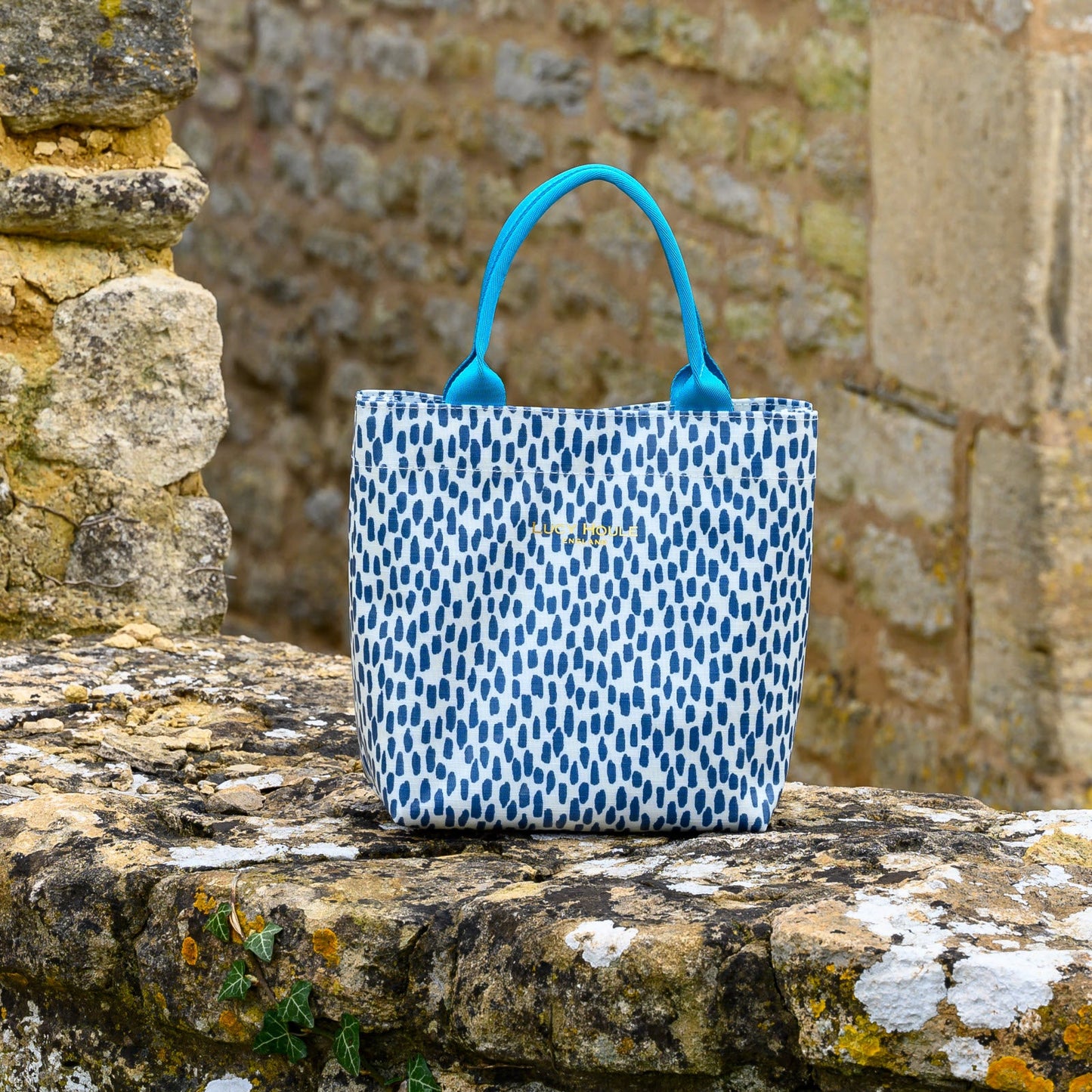 Navy Cobblestone Mini Tote Bag with Turquoise Handles