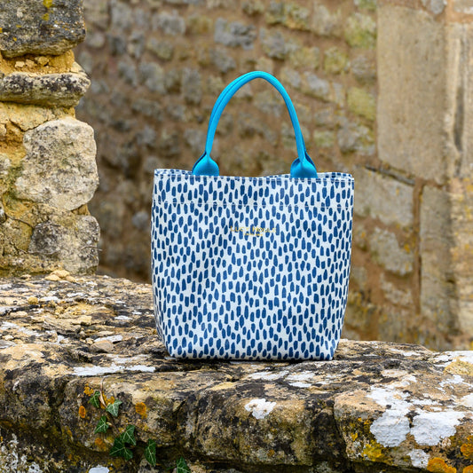 Navy Cobblestone Mini Tote Bag with Turquoise Handles