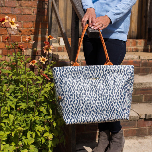 Navy Cobblestone Medium Zip Tote Bag with Orange Handles