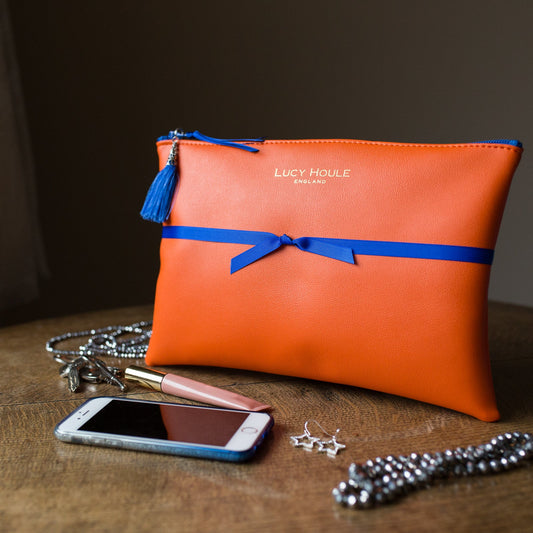 Faux Leather Orange Clutch with Blue Zip