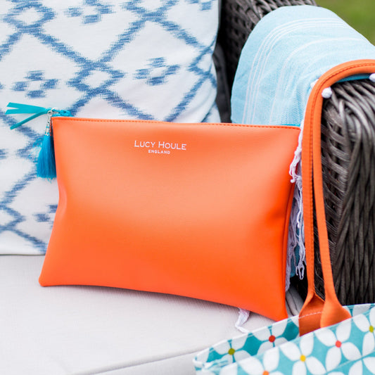 Faux Leather Orange Clutch with Turquoise zip
