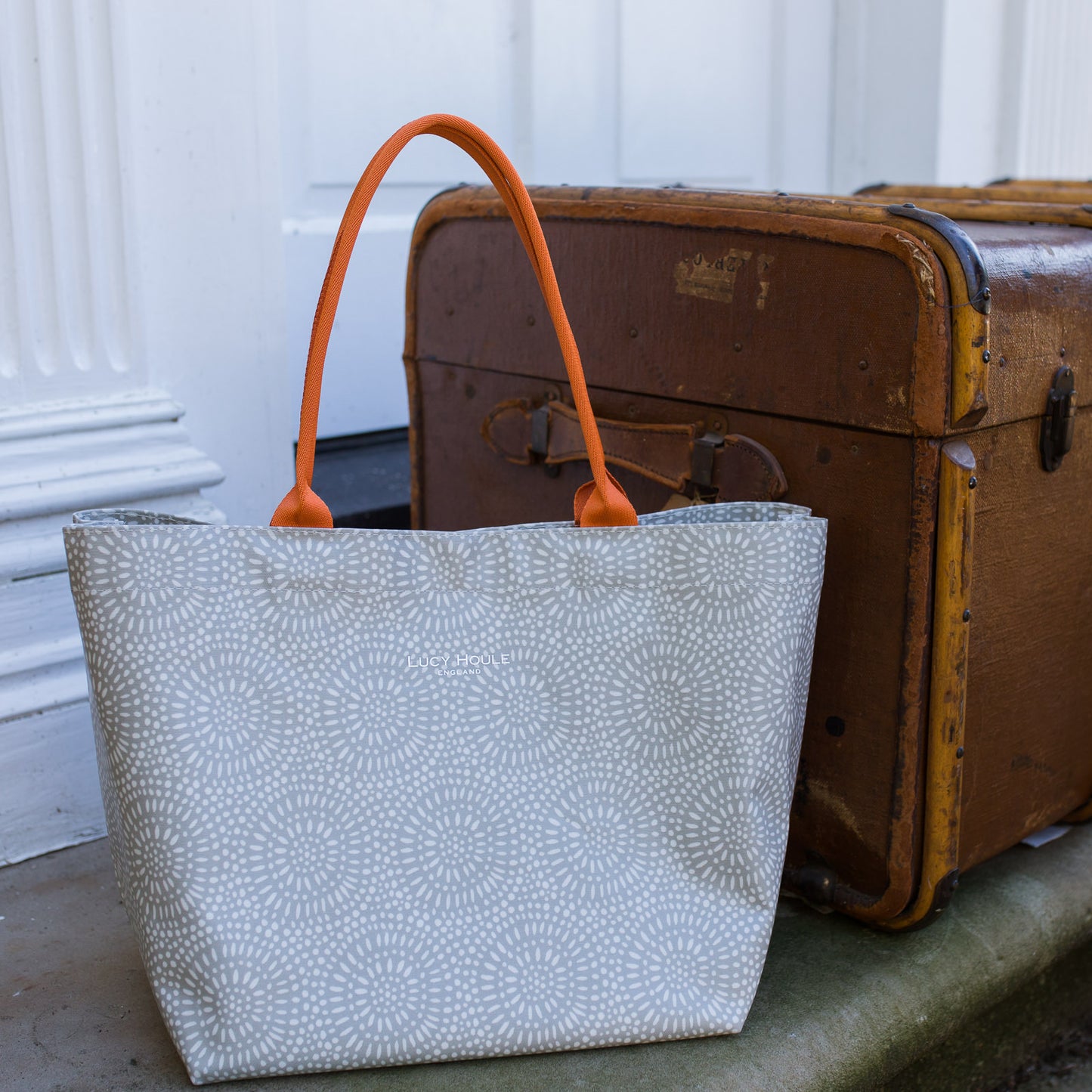Stone Sunburst Medium Tote Bag with Orange Handles