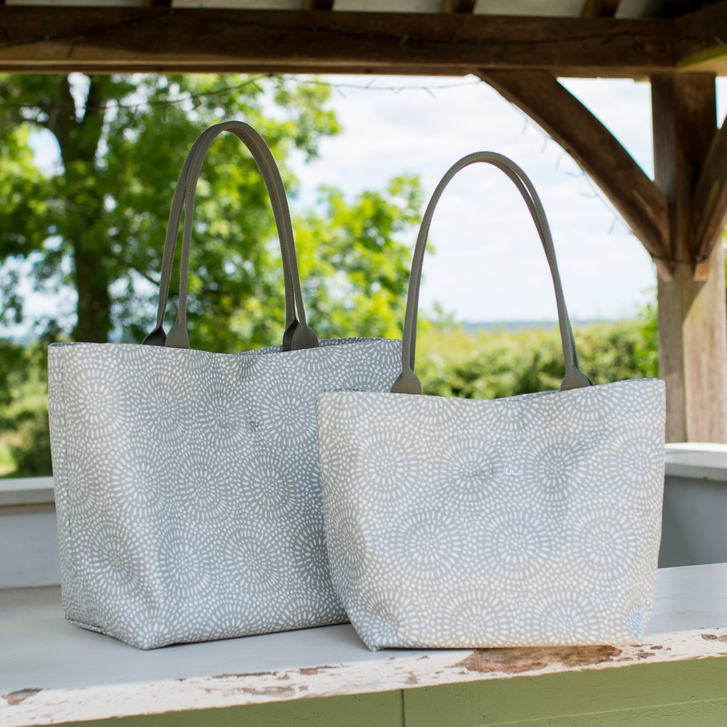 Stone Sunburst Small Tote Bag with Khaki Webbing Handles