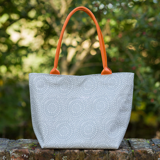 Stone Sunburst Small Zip Tote Bag with Orange Handles