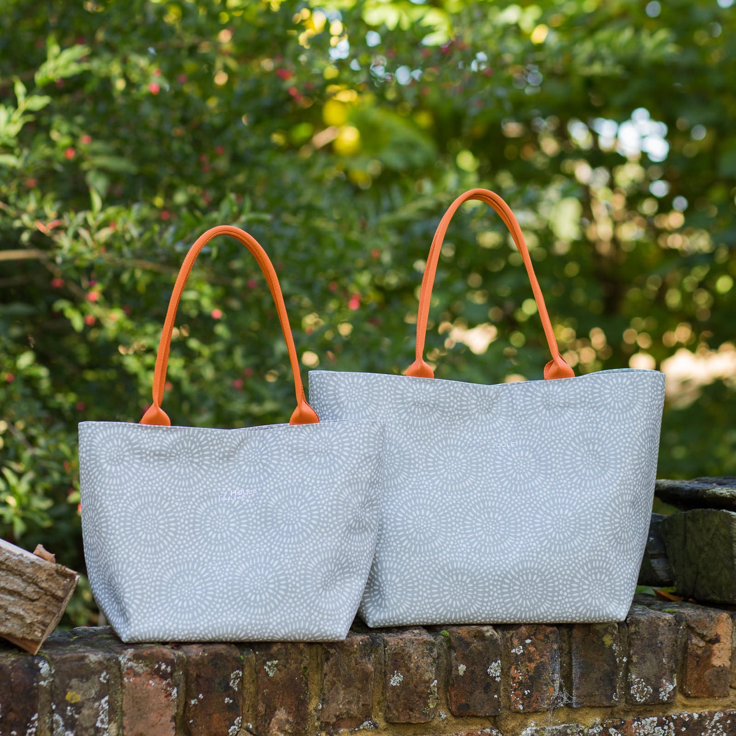 Stone Sunburst Small Tote Bag with Orange Handles