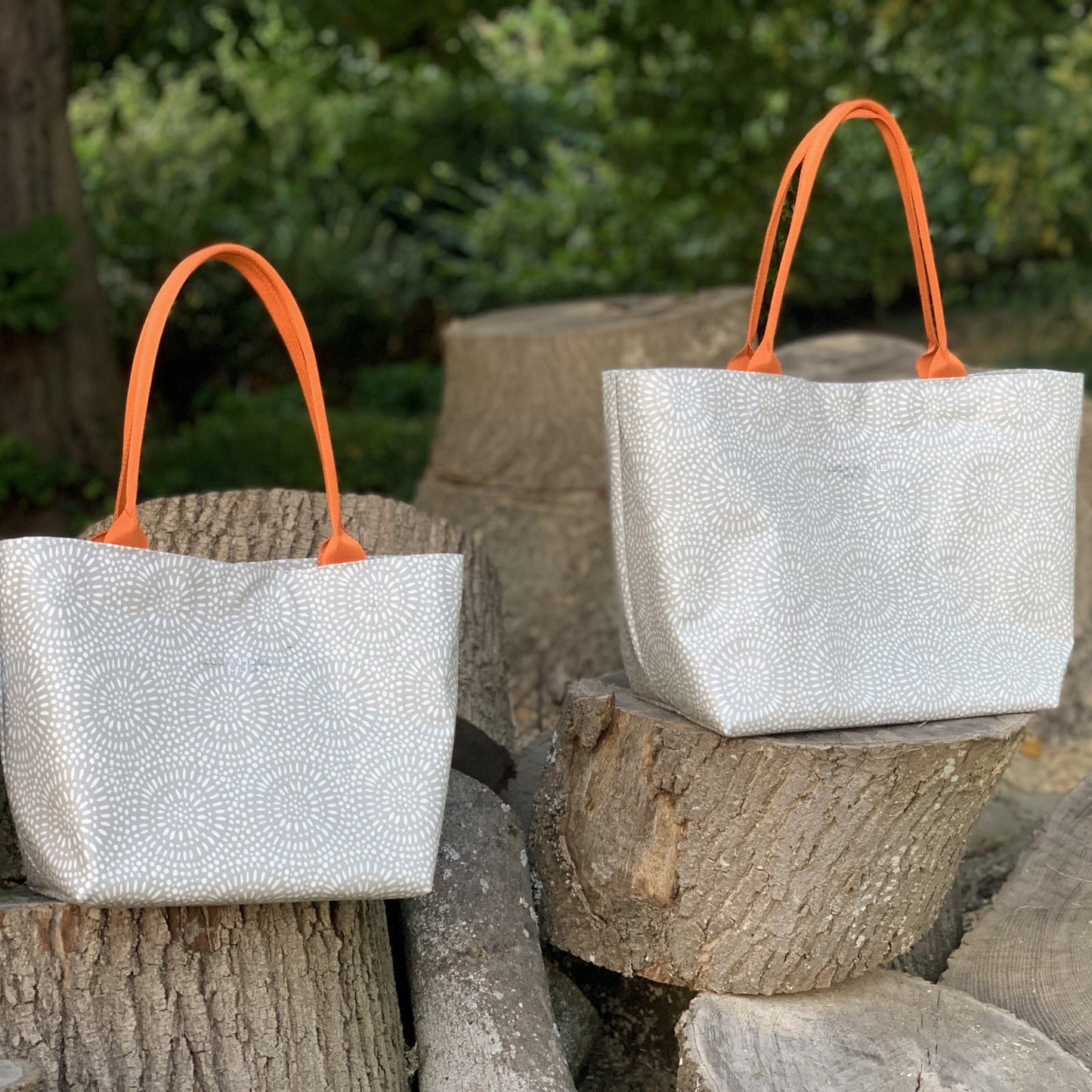 Stone Sunburst Medium Tote Bag with Orange Handles