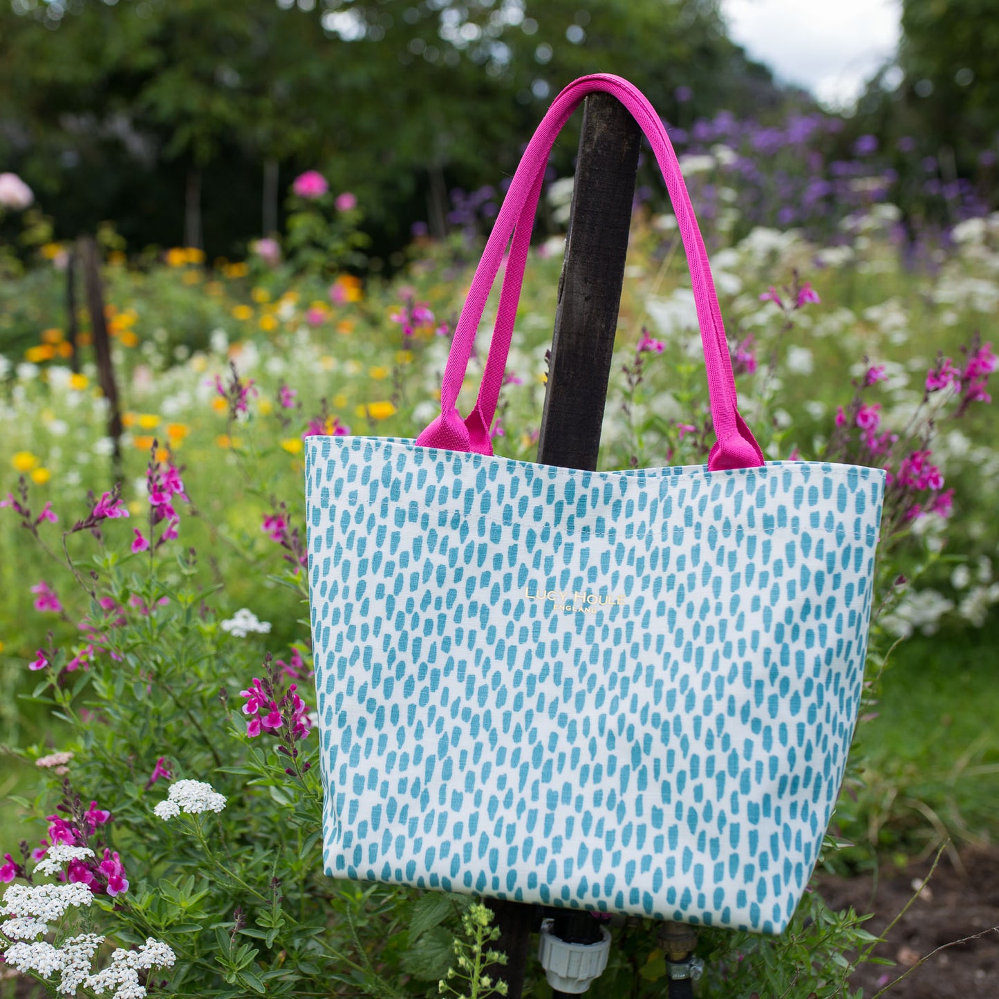 Aqua Cobblestone Small Tote Bag with Hot Pink Handles