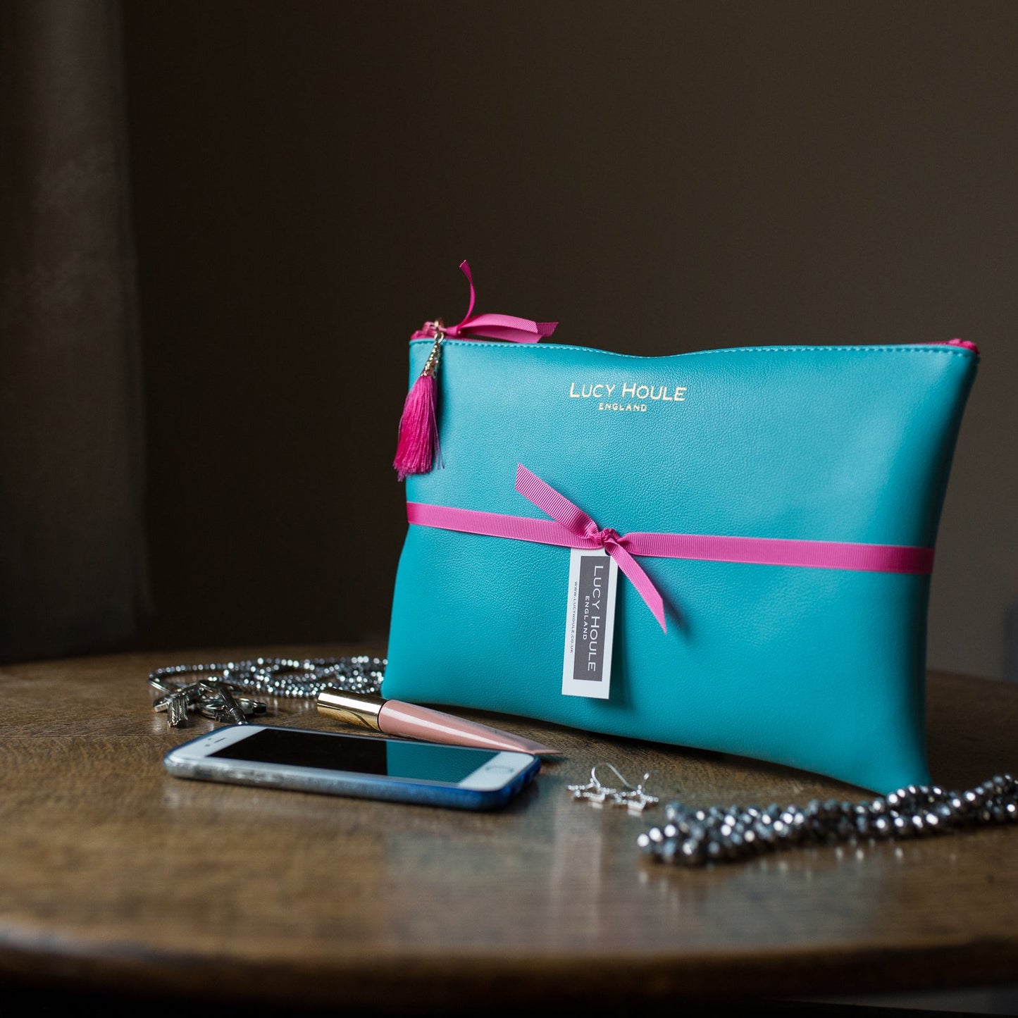 Faux Leather Turquoise Clutch with Pink zip