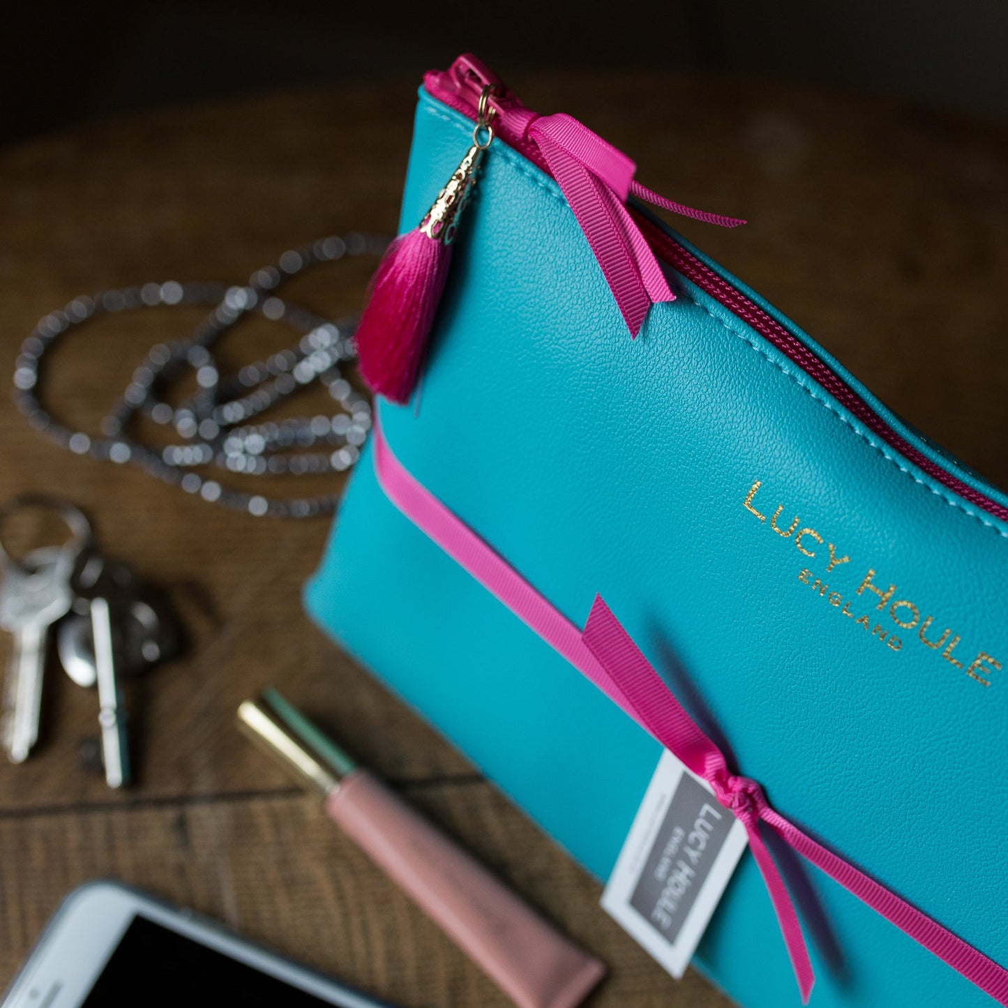 Faux Leather Turquoise Clutch with Pink zip