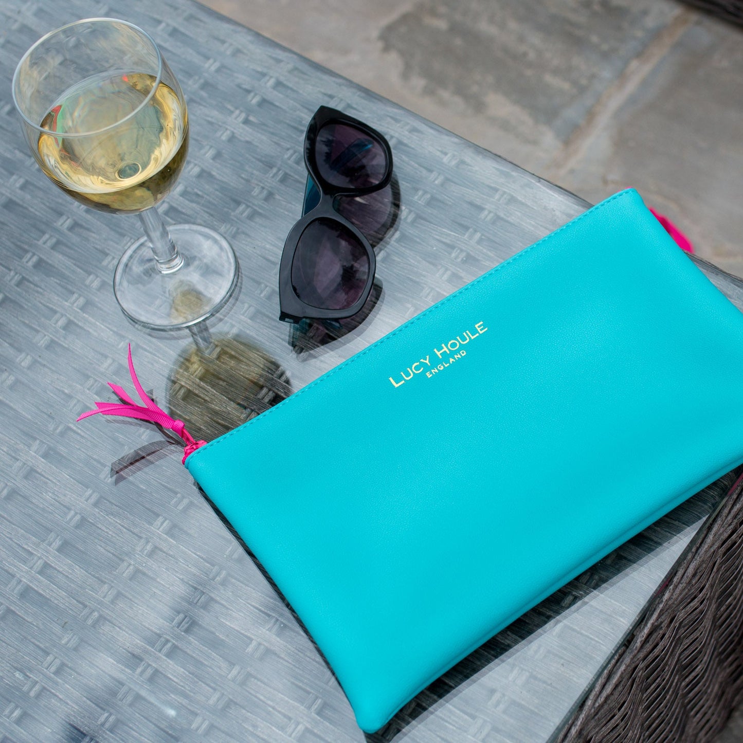 Faux Leather Turquoise Clutch with Pink zip