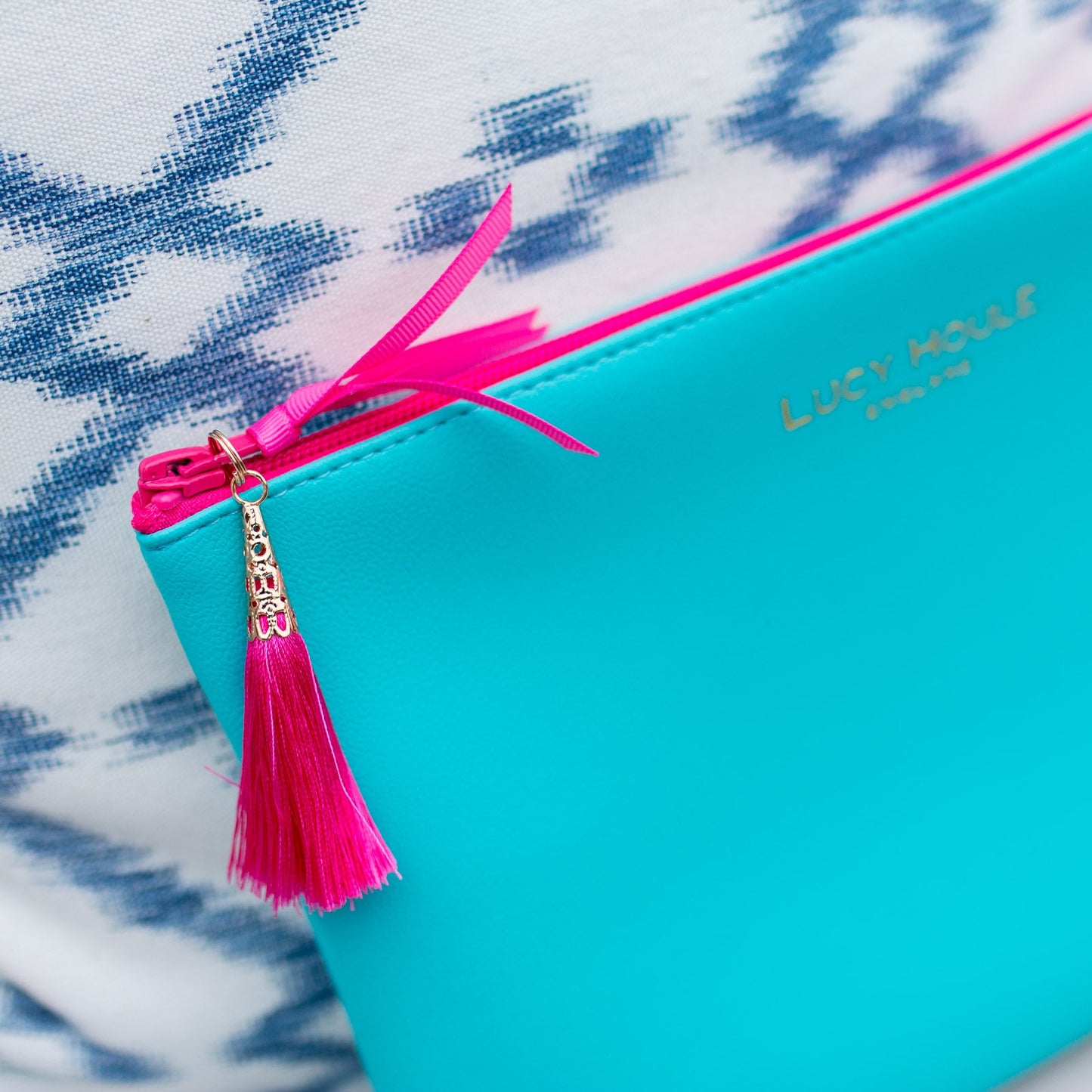 Faux Leather Turquoise Clutch with Pink zip