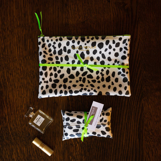 Dalmatian Handbag Set with Green Neon Zip