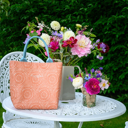 Amber Sunburst Mini Tote Bag with Aqua Handles