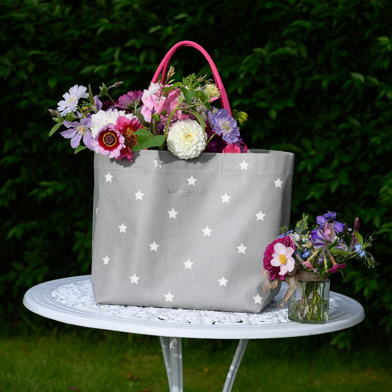 Grey & White Star Medium Tote Bag with Pink Handles