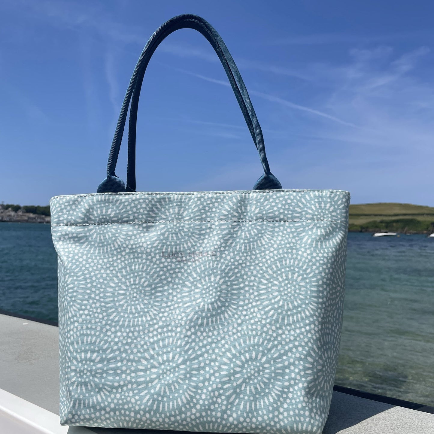 Aqua Sunburst Small Zip Tote Bag with Teal Handles