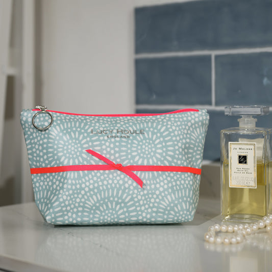 Aqua Sunburst Lined Make-Up Bag with Neon Pink Zip