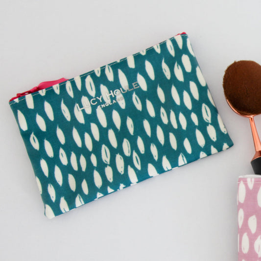 Teal Feather Make-Up Bag with Pink Zip