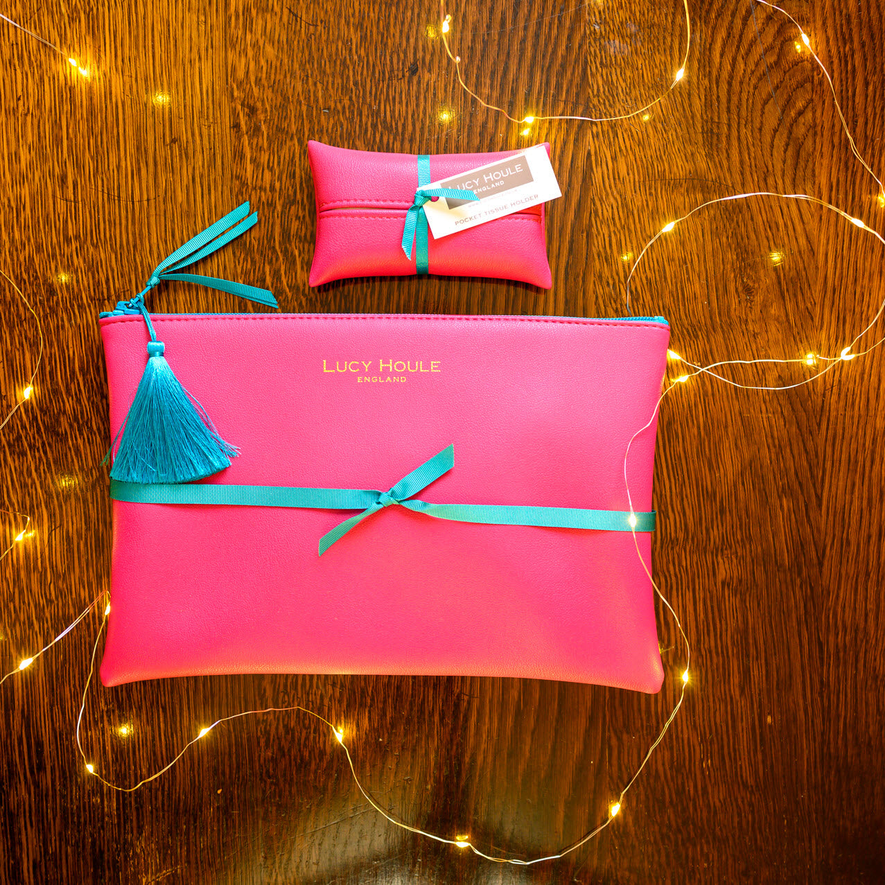 Faux Leather Pink Clutch with Turquoise Zip & Tassel