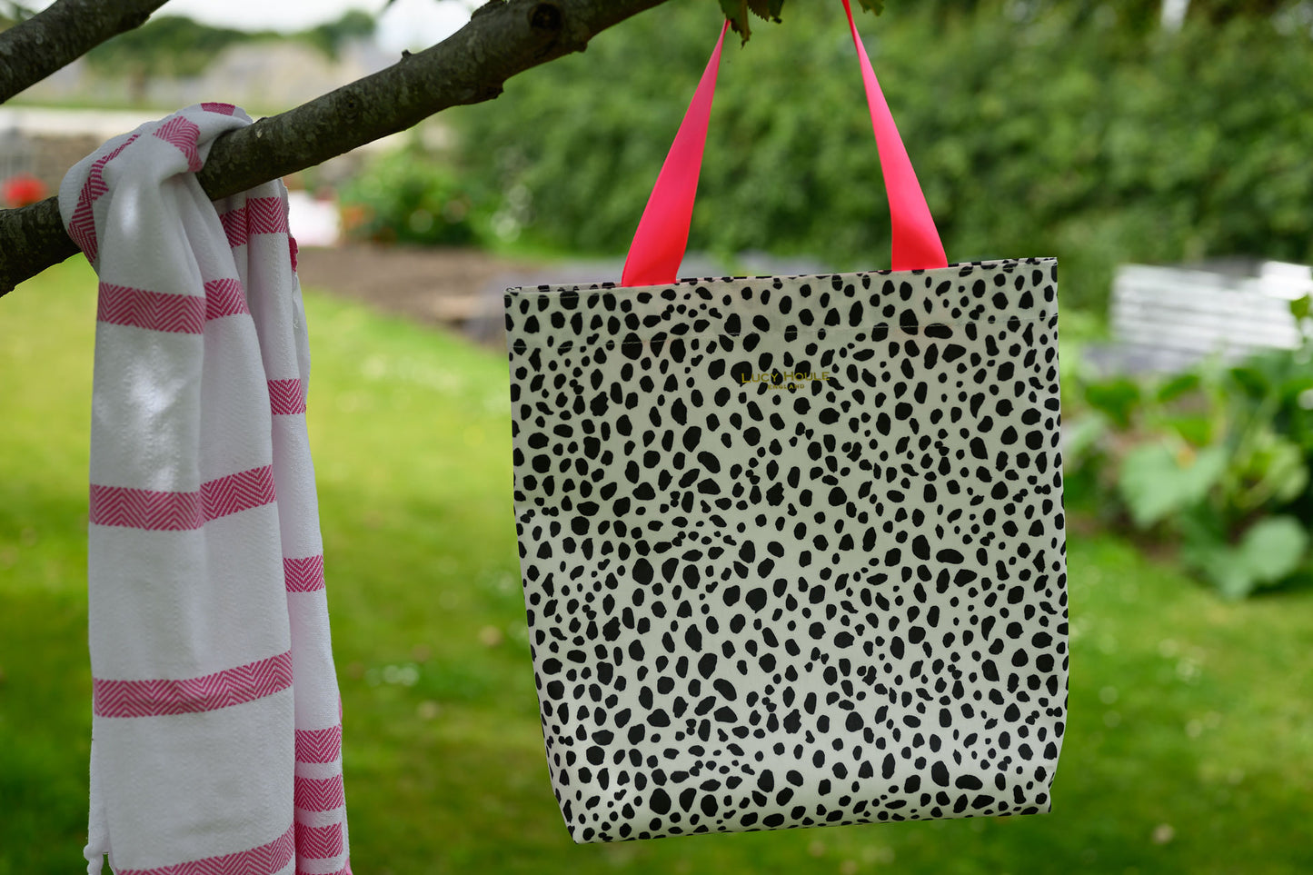 Dalmatian Shopper With Neon Pink Handles