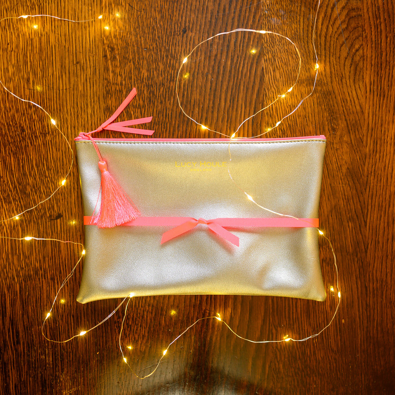 Faux Leather Silver Clutch with Pink Neon Zip