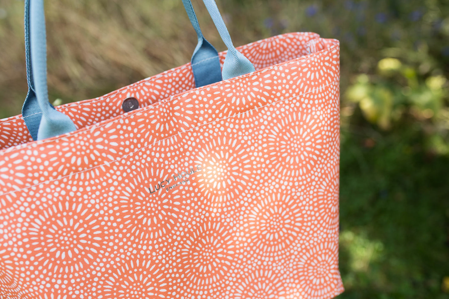 Amber Sunburst Medium Tote Bag with Aqua Handles
