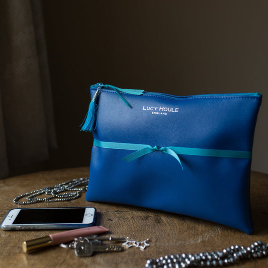 Faux Leather Cobalt Blue Clutch with Turquoise Zip