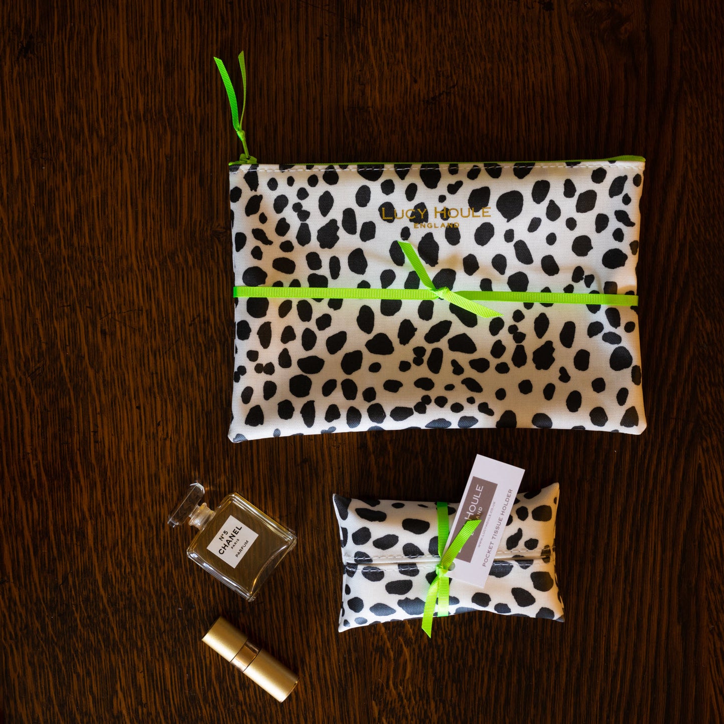 Dalmatian Make-Up Bag with Green Neon Zip