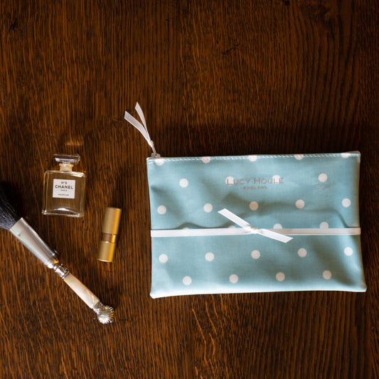 Duck Egg Blue Spot Make-Up Bag with White Zip