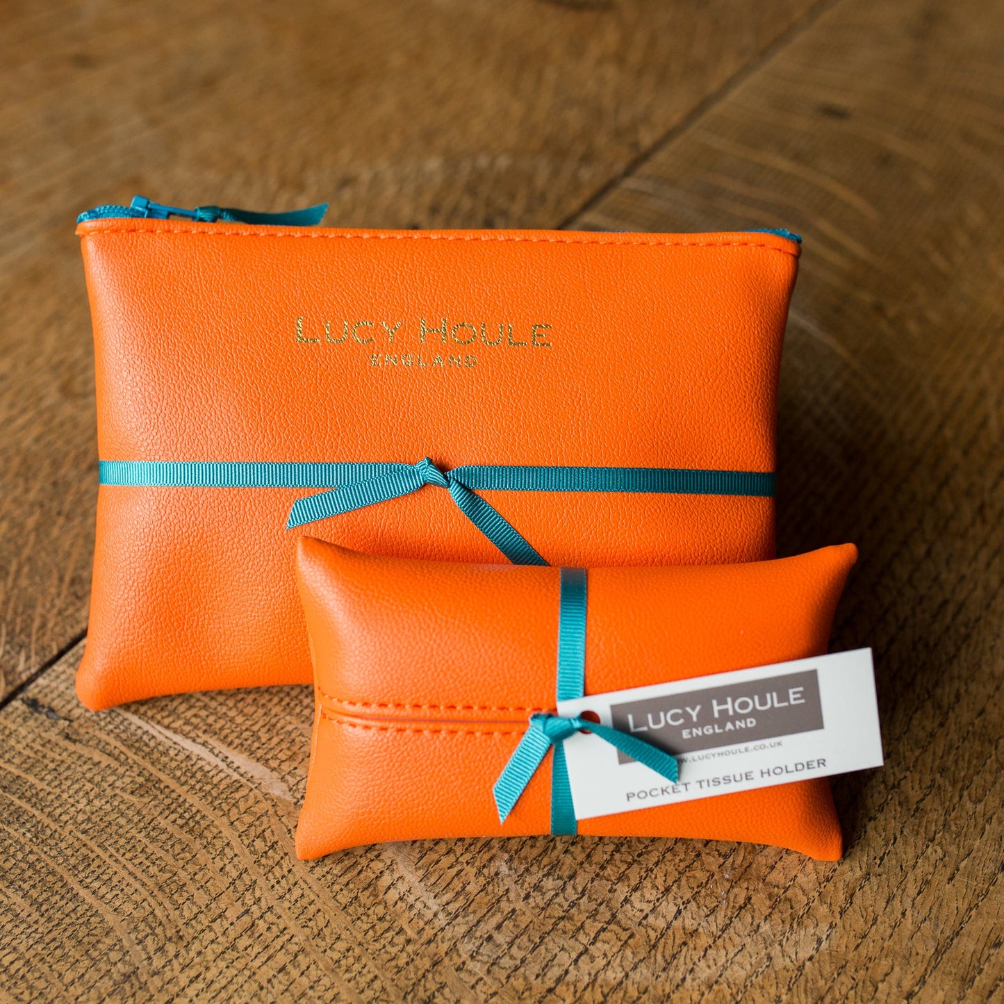 Faux Leather Orange Handbag Set Turquoise Zip