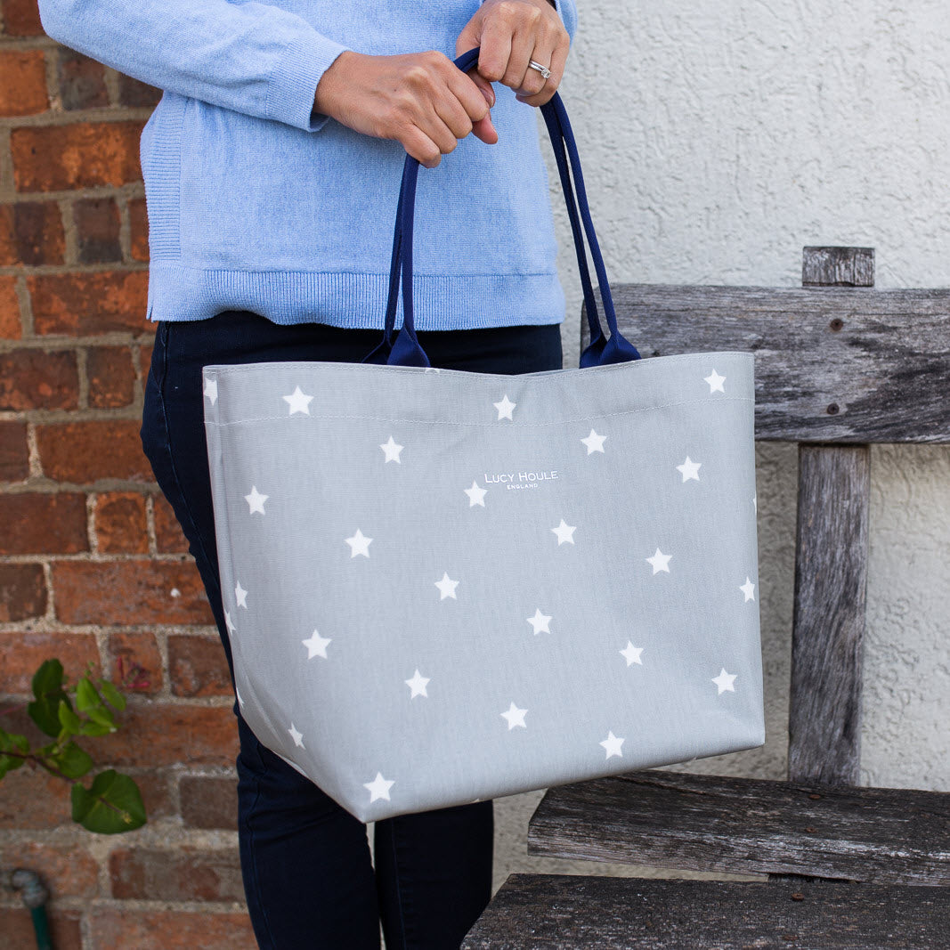 Grey & White Star Medium Zip Tote Bag with Navy Handles