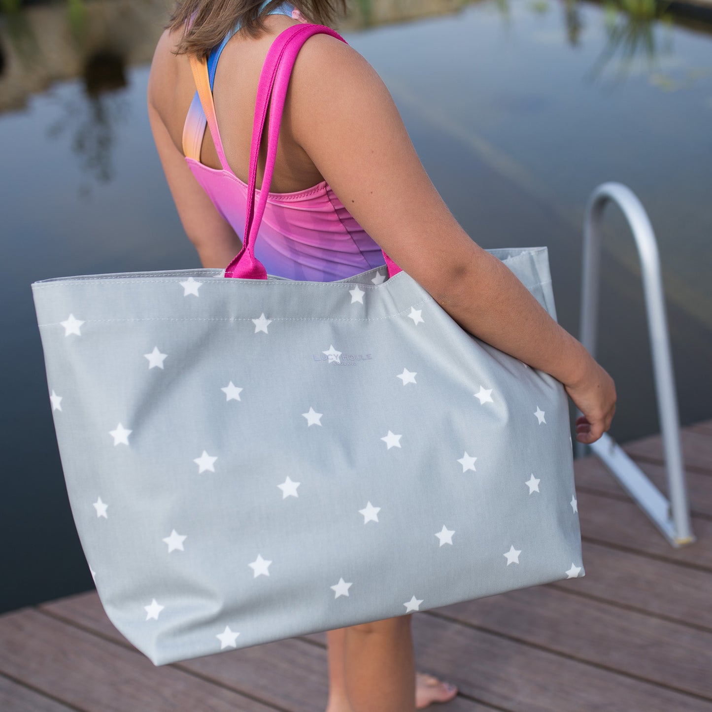Grey & White Star Extra Large Tote Bag with Pink Handles