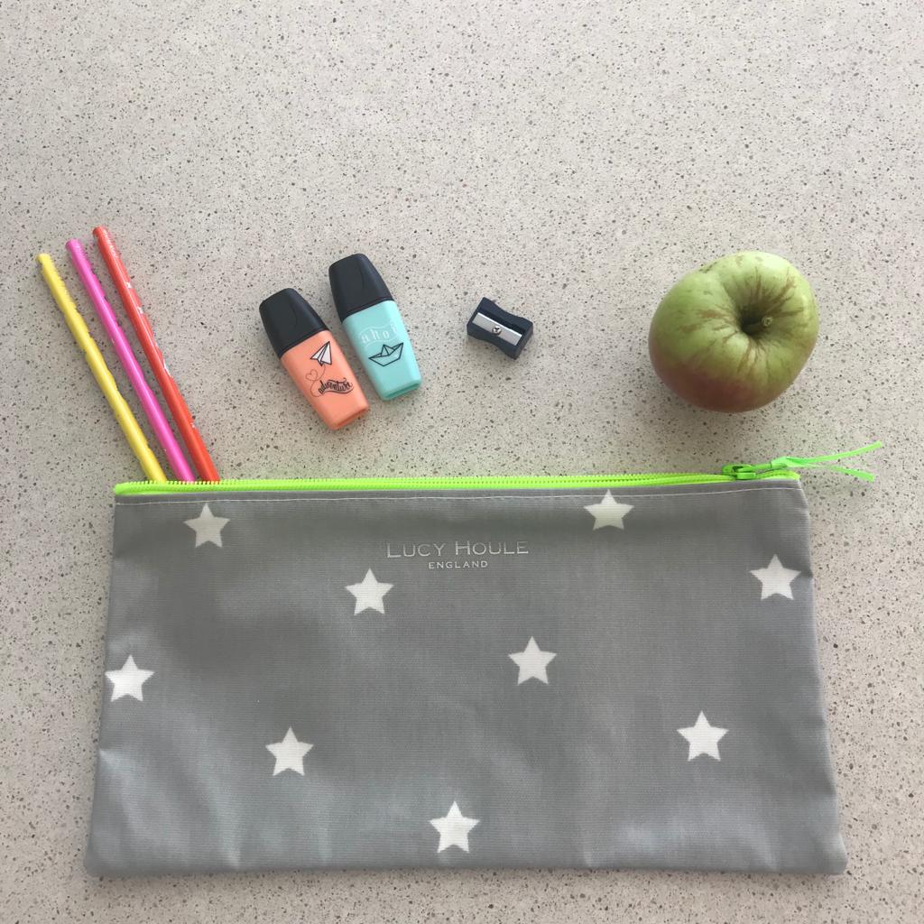 Grey & White Star Long Pencil Case with Neon Green Zip