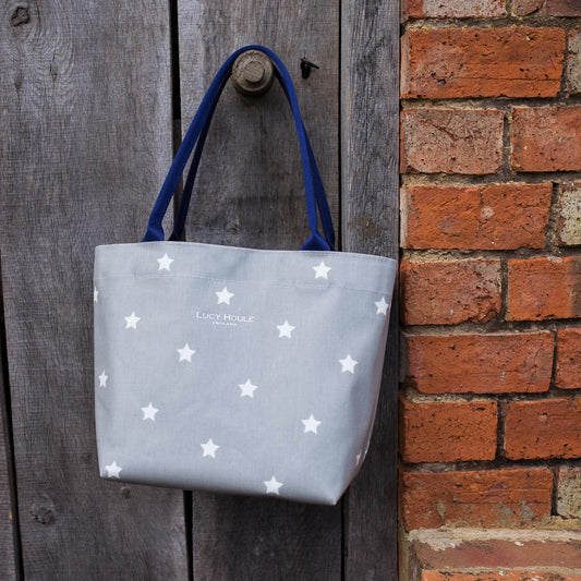 Grey & White Star Small Tote Bag with Navy Handles