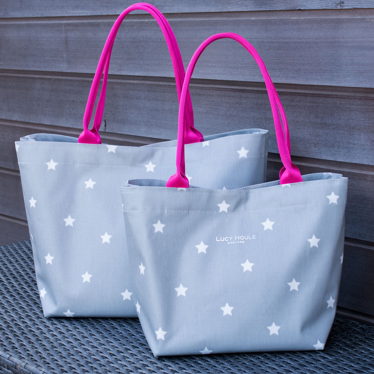 Grey & White Star Medium Tote Bag with Pink Handles