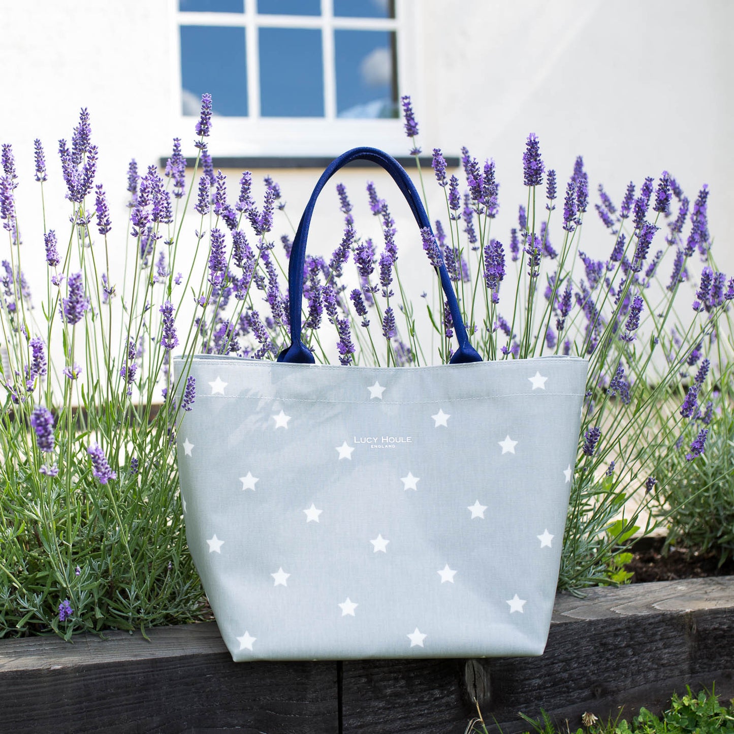Grey & White Star Small Zip Tote Bag with Navy Handles