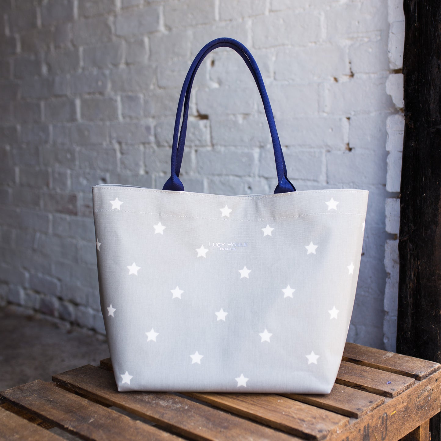 Grey & White Star Medium Zip Tote Bag with Navy Handles