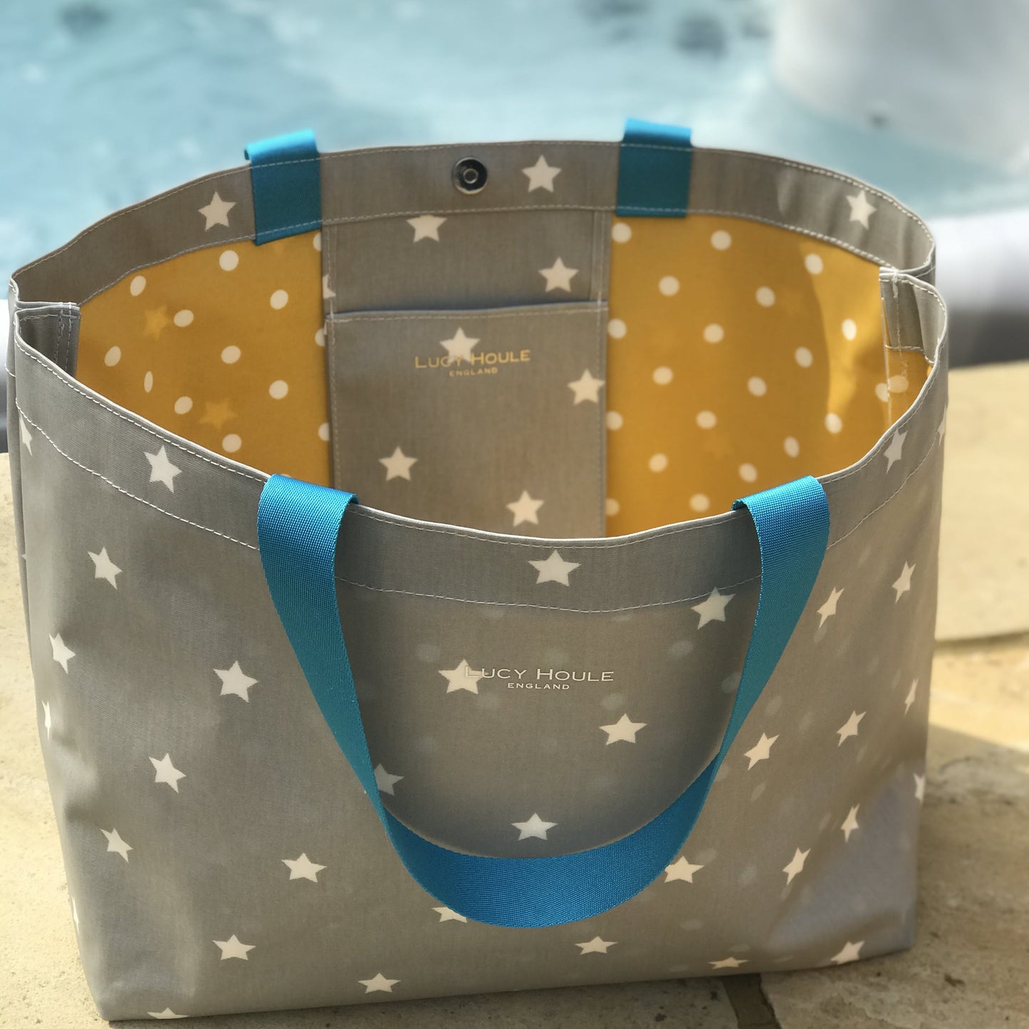 Grey & White Star Extra Large Bag with New flat Turquoise Handles