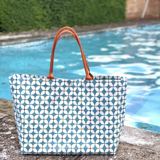 Modern Daisy Aqua Extra Large Tote Bag with Orange Handles