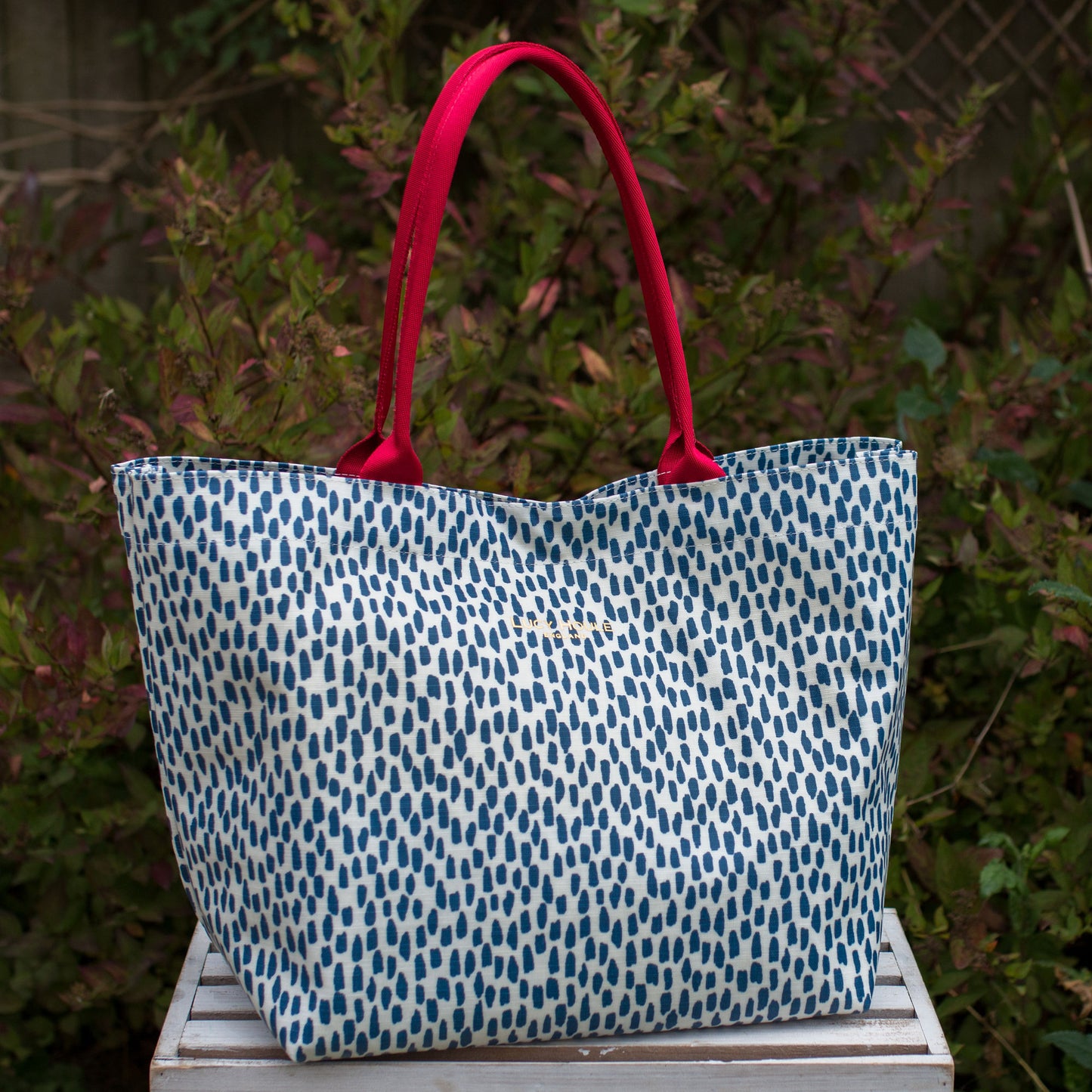 Navy Cobblestone Medium Tote Bag with Red Handles