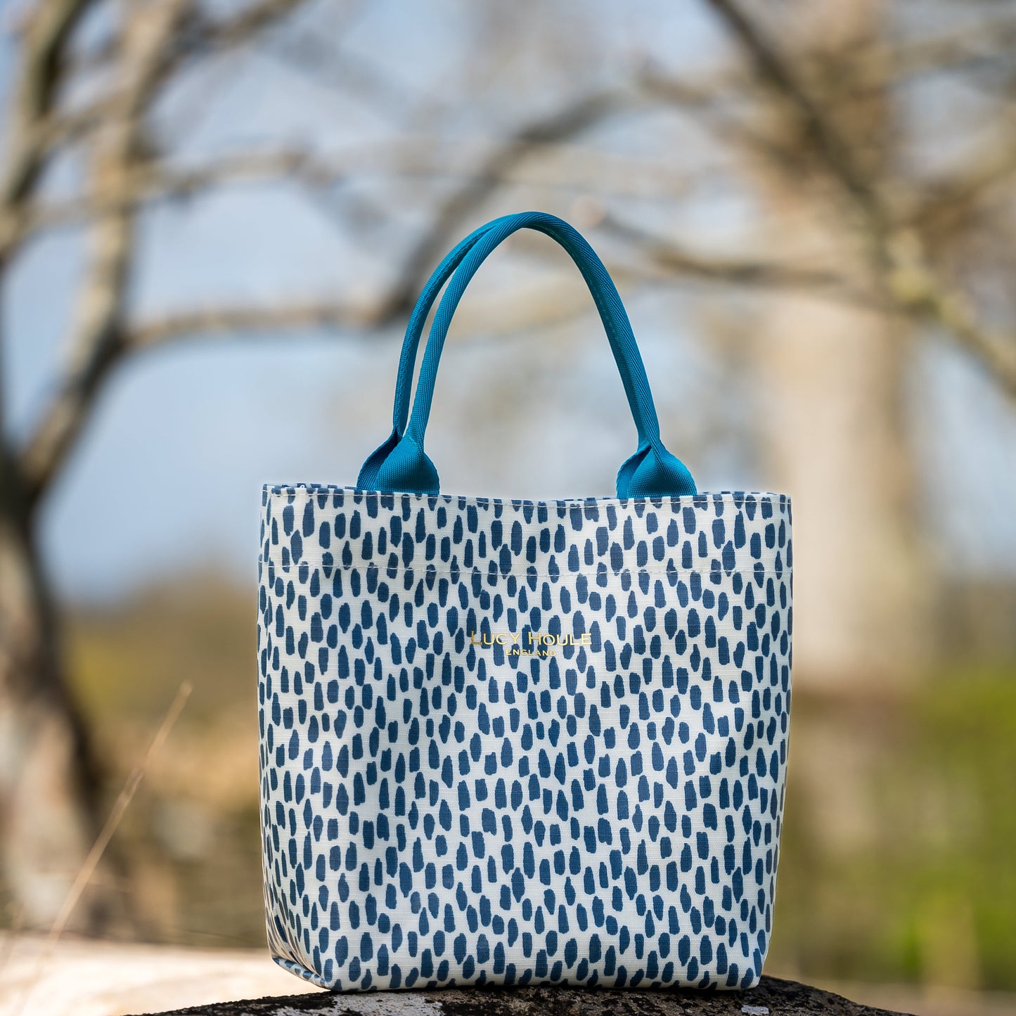 Navy Cobblestone Mini Tote Bag with Turquoise Handles