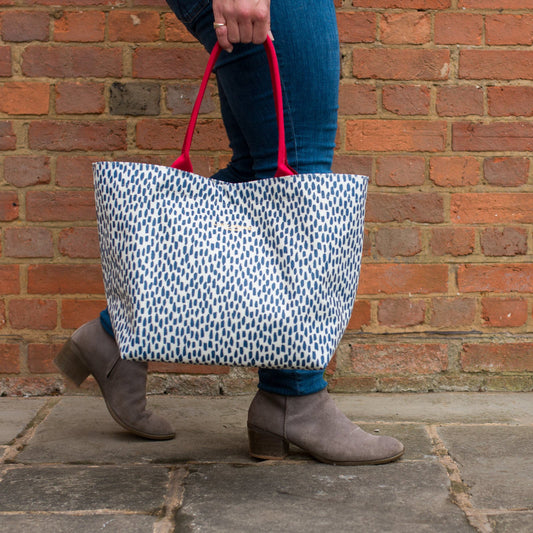 Navy Cobblestone Small Tote Bag & Red Handles