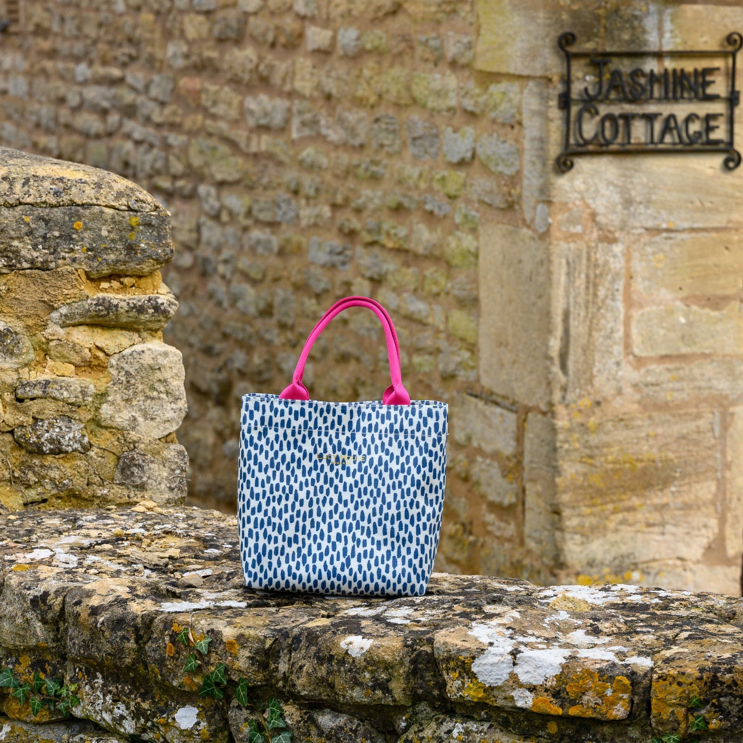 Navy Cobblestone Mini Tote Bag with Pink Handles