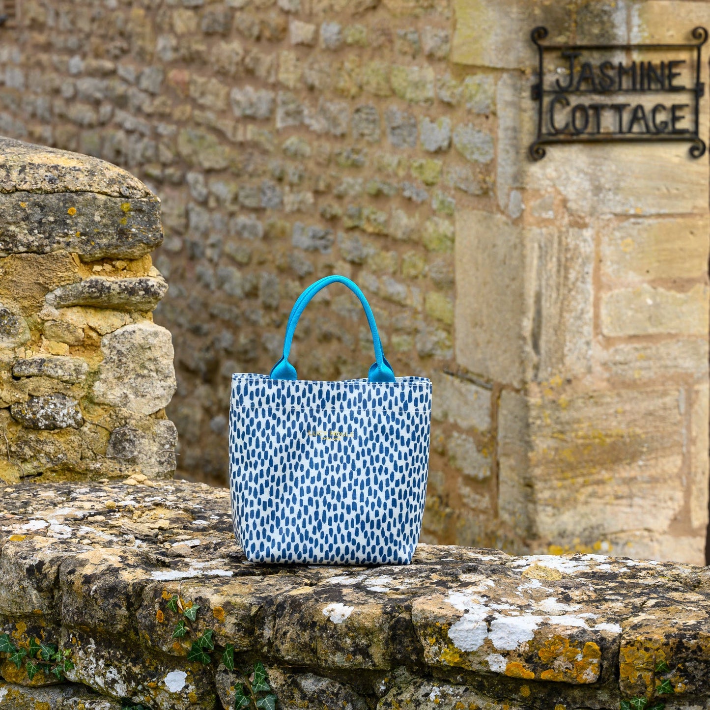 Navy Cobblestone Mini Tote Bag with Turquoise Handles