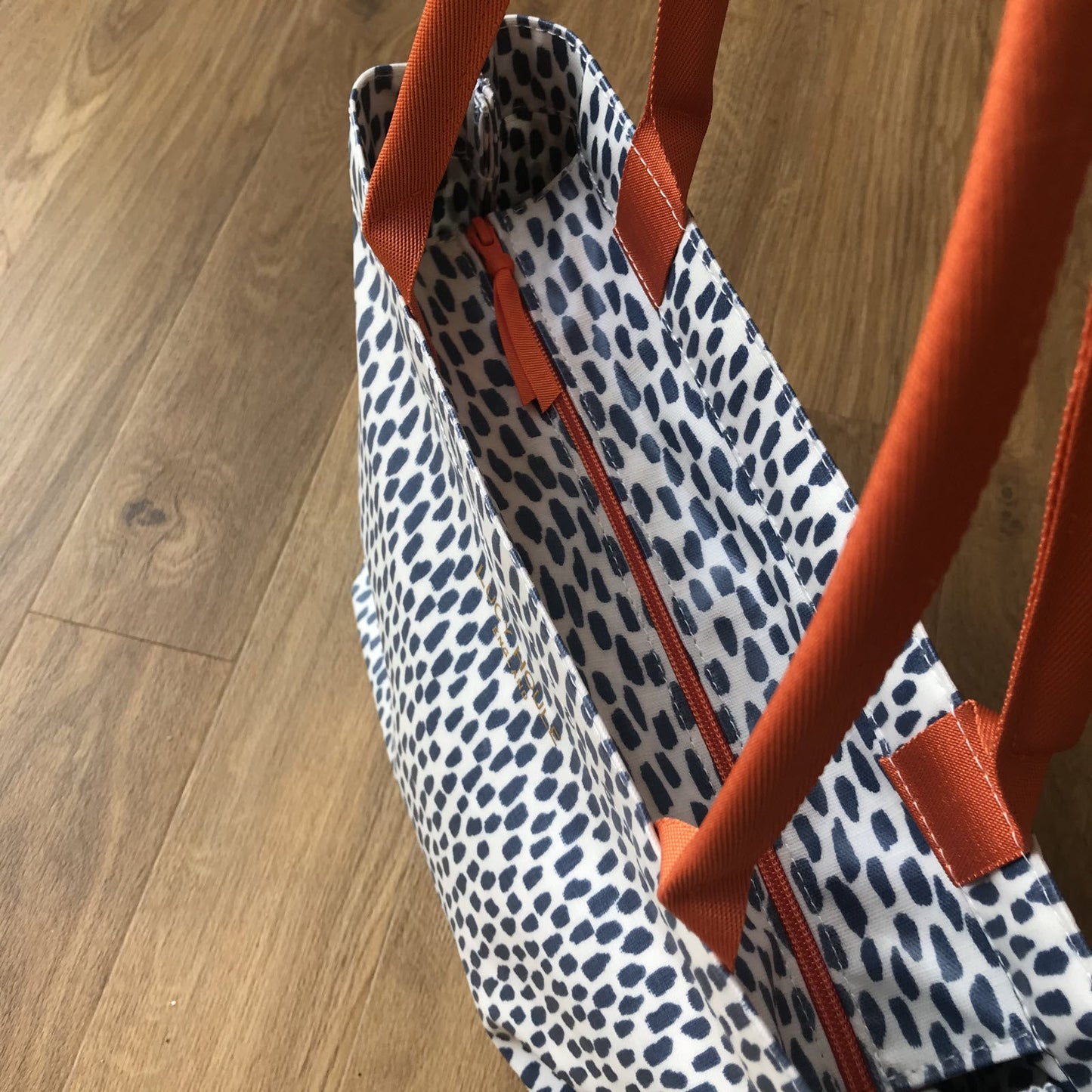 Navy Cobblestone Small Zip Tote Bag with Orange Handles