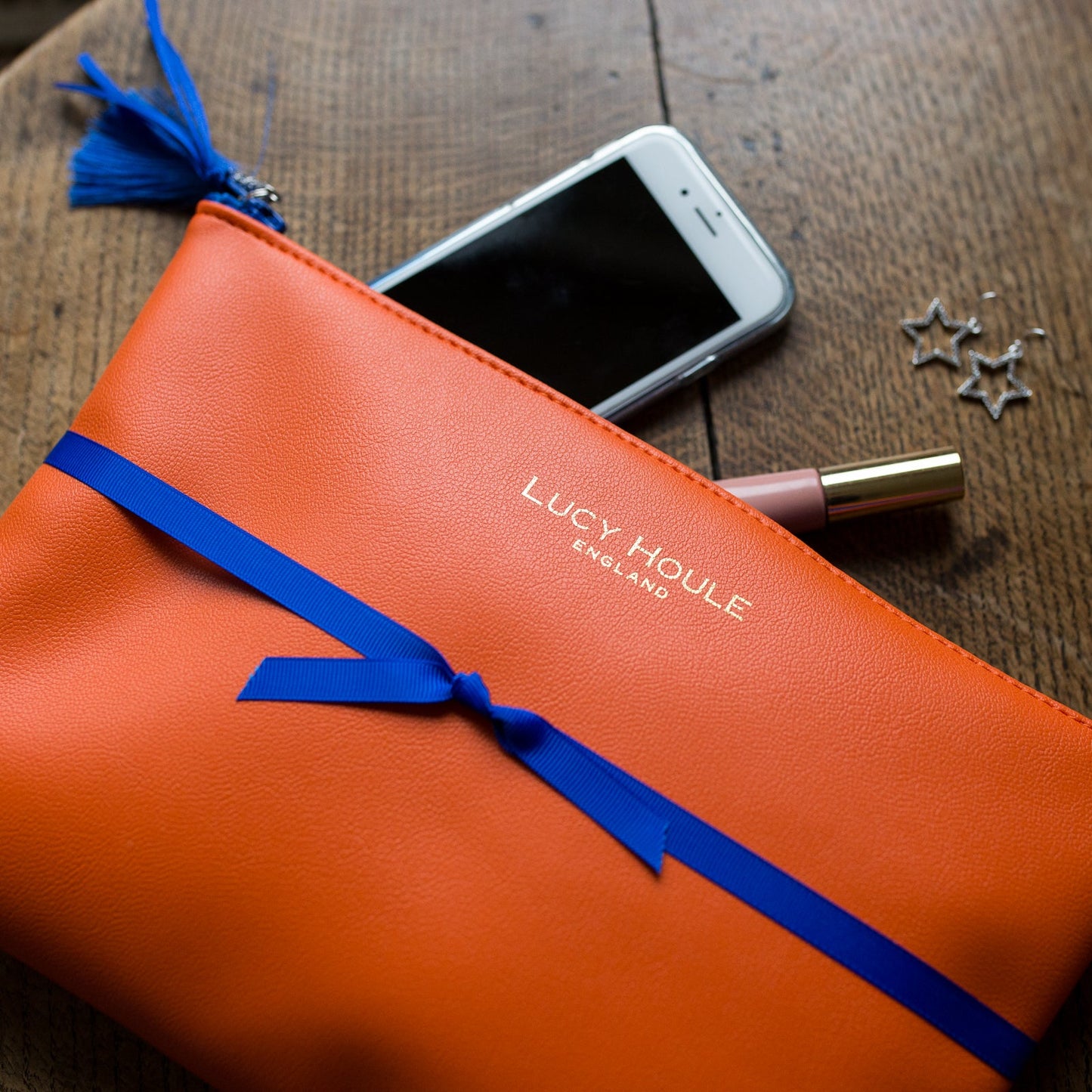 Faux Leather Orange Clutch with Blue Zip