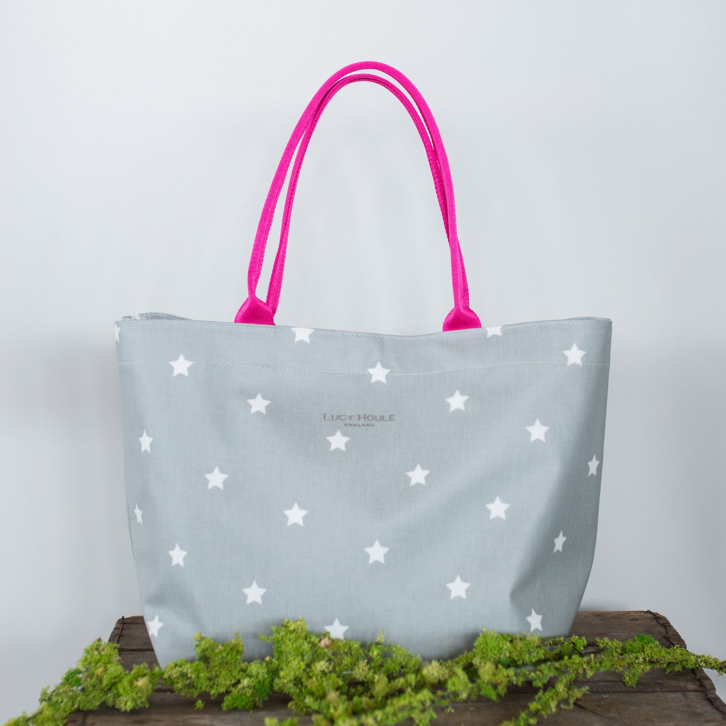 Grey & White Star Small Zip Tote Bag with pink Handles