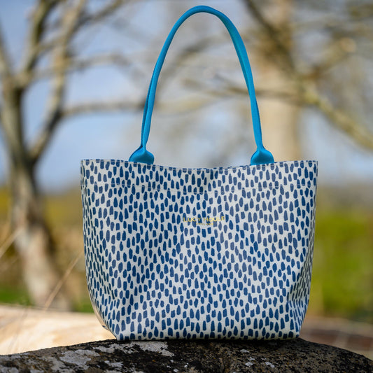 Navy Cobblestone Small Tote Bag with Turquoise Handles