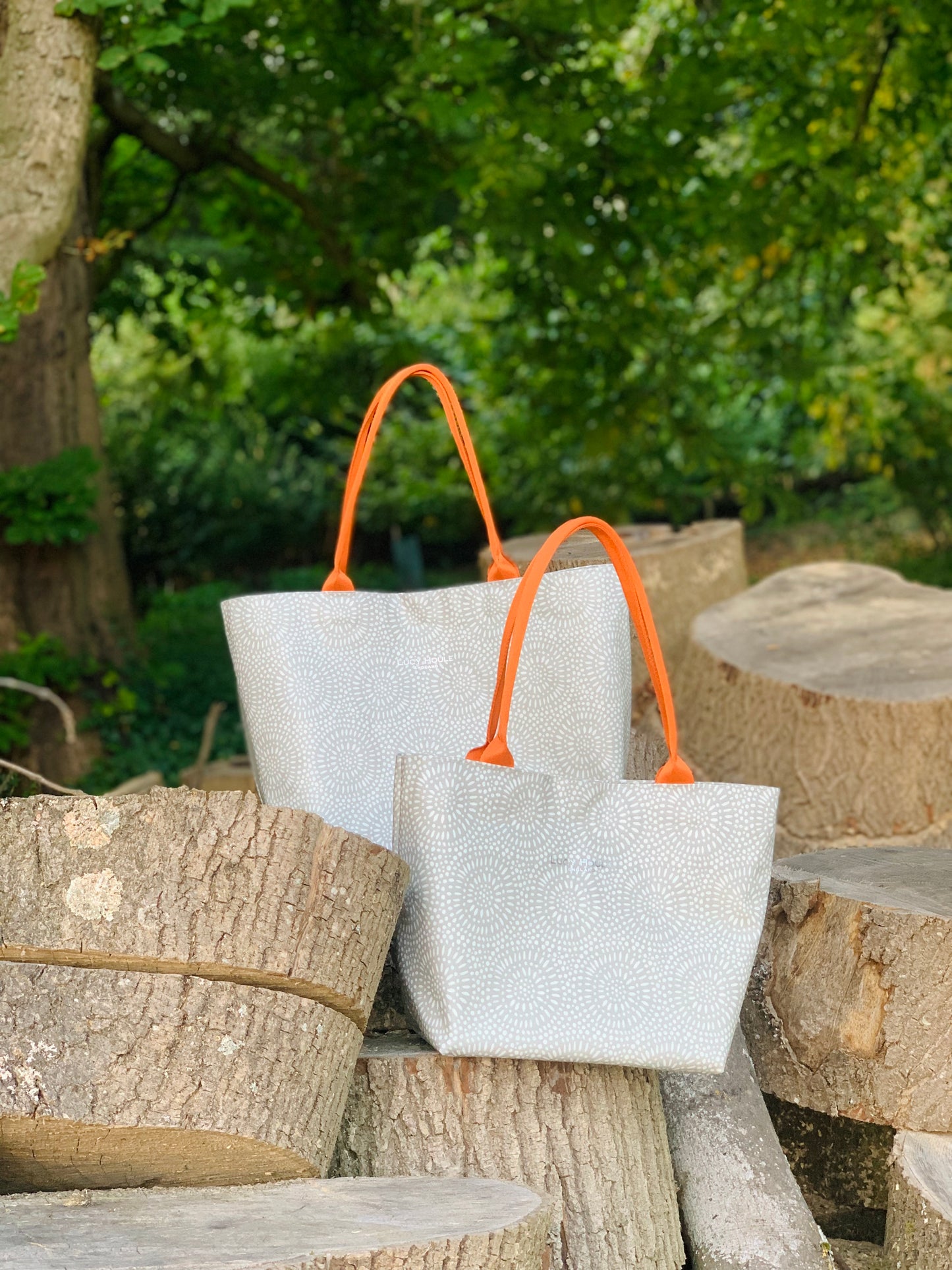 Stone Sunburst Small Zip Tote Bag with Orange Handles